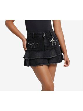 Hot Topic Social Collision Skirt  2XL Black Denim Double Ruffle Charm Star